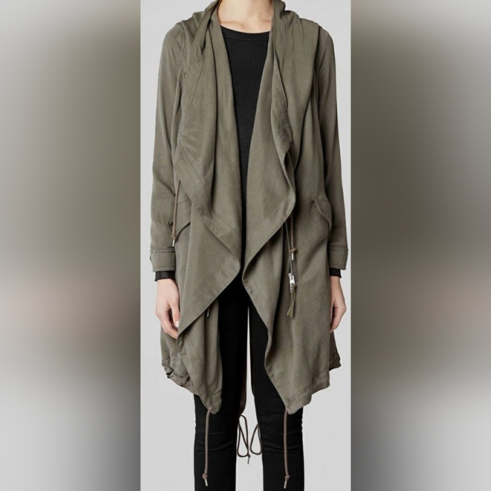 NEW AllSaints Portere Parka Jacket Size 4 Green Hooded Drape Front Pockets